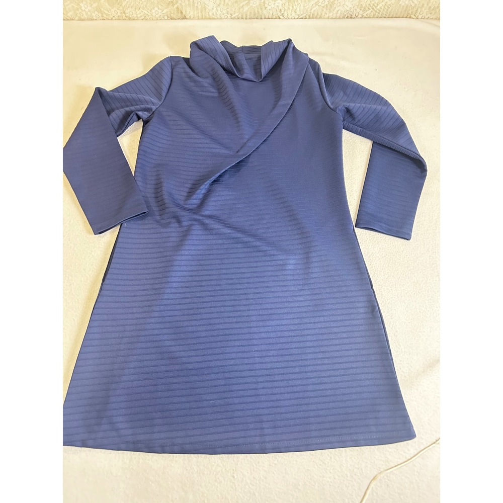 S Style Womens Blue Ribbed‎ Cowl Neck Shift Dress Long Sleeve Pockets Medium